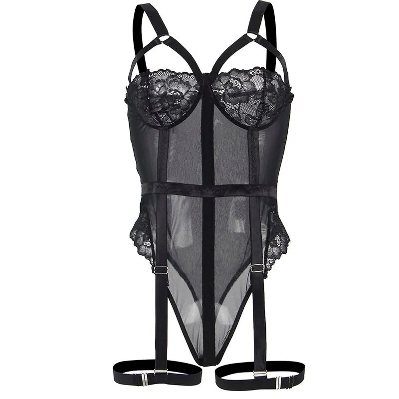 Teddy Sexy Slim Dentelle Jarretières Intégrées Noir Ajusté Élégant Sensuel Raffiné Extensible Confortable Polyester Elasthanne Seconde Peau