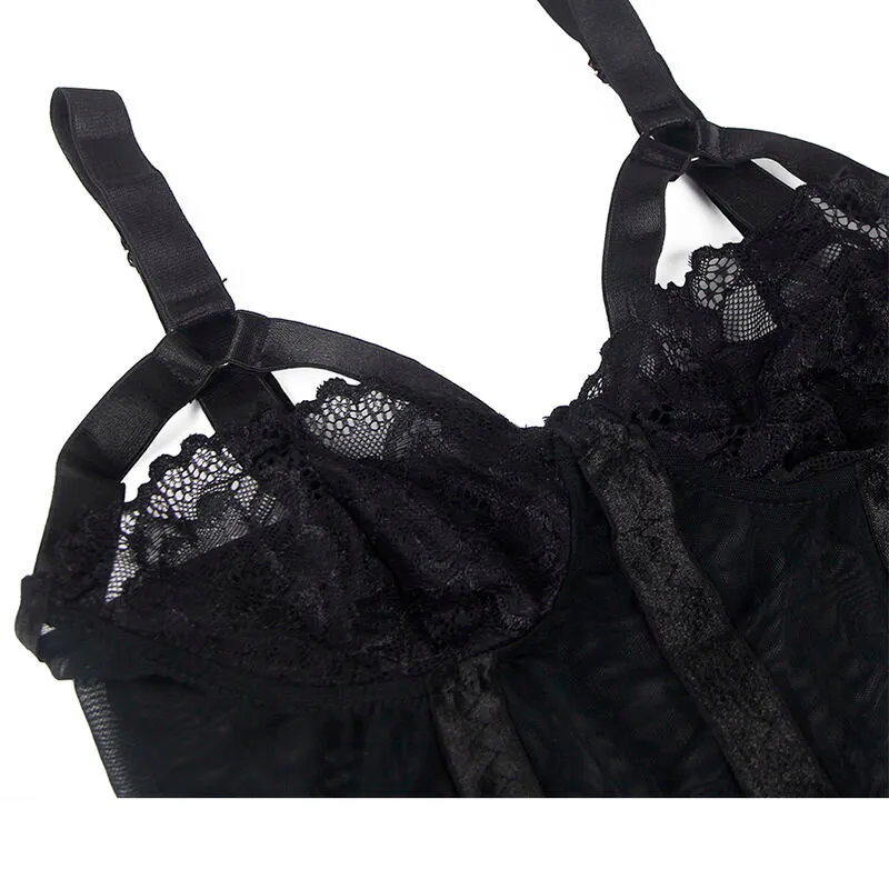 Teddy Sexy Slim Dentelle Jarretières Intégrées Noir Ajusté Élégant Sensuel Raffiné Extensible Confortable Polyester Elasthanne Seconde Peau