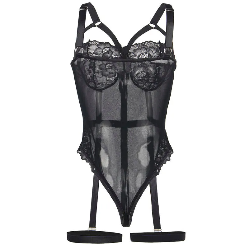 Teddy Sexy Slim Dentelle Jarretières Intégrées Noir Ajusté Élégant Sensuel Raffiné Extensible Confortable Polyester Elasthanne Seconde Peau