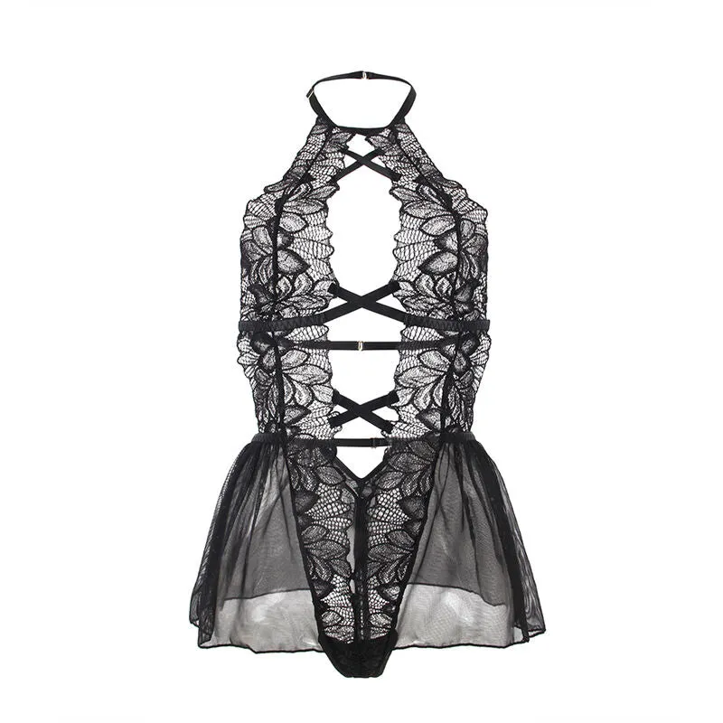 teddy dos nu dentelle noire confortable sensuelle séduisante sophistiquée élégante extensible durable ajustement flatteur féminine jupe tulle mystérieuse romantique soirée