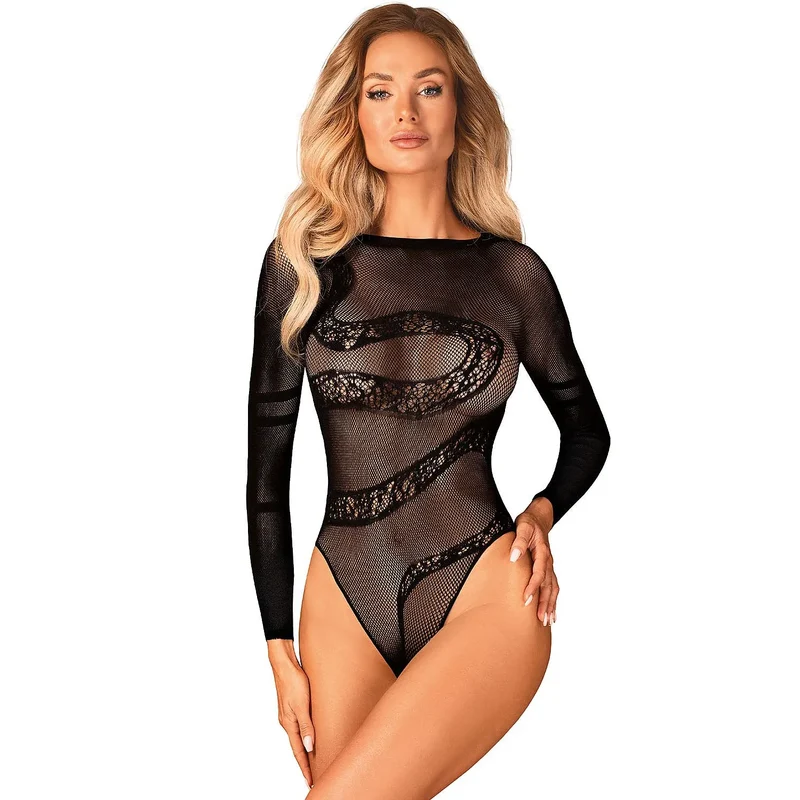 justaucorps résille dentelle serpentins noir manches longues dos nu échancré jambes transparence légère extensible nylon elasthanne sensuel sophistiqué audacieux raffiné