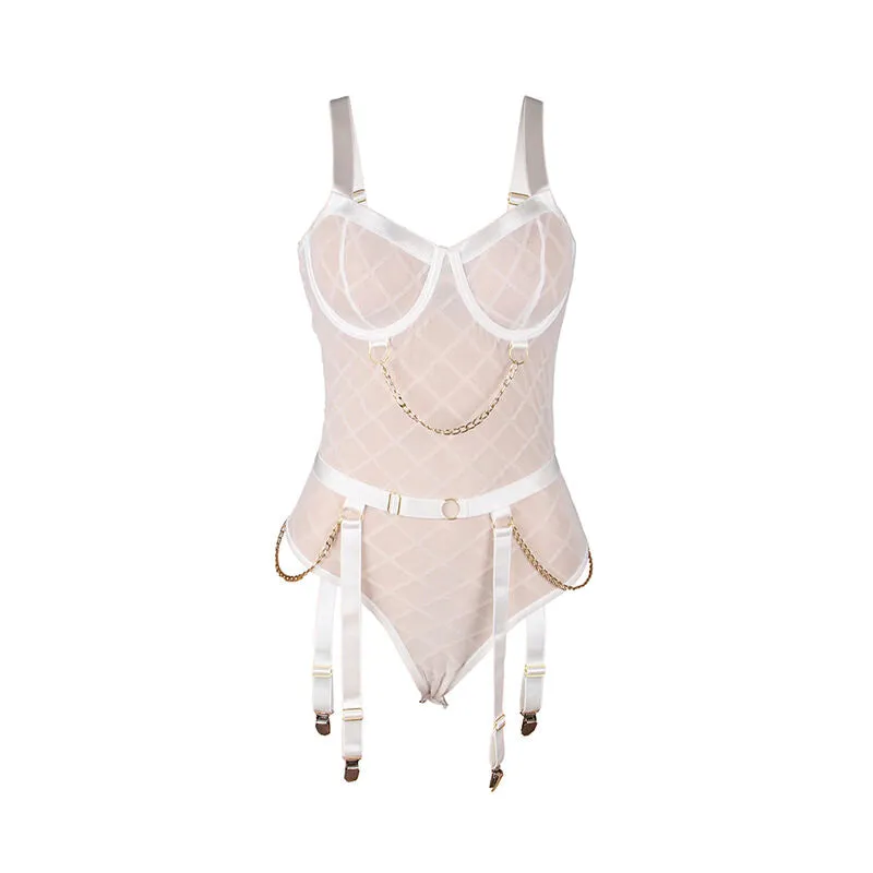 Subblime body lingerie sexy blanc chaînes portejarretelles grande taille sculptant courbes confortable satiné fabrication américaine séduisante
