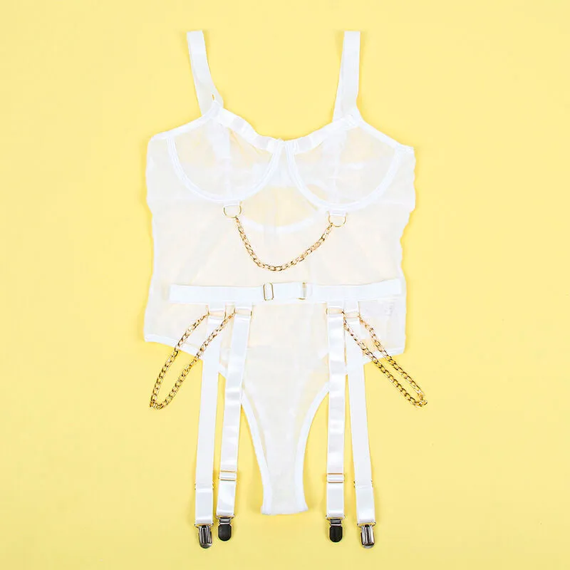 Subblime body lingerie sexy blanc chaînes portejarretelles grande taille sculptant courbes confortable satiné fabrication américaine séduisante
