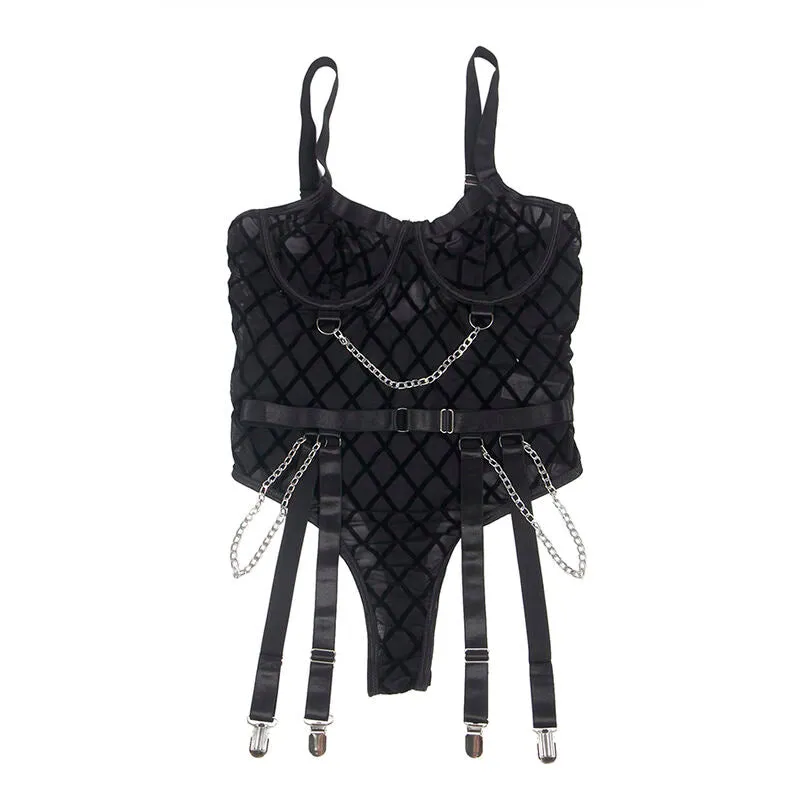justaucorps lingerie sexy noir chaînes sublimant silhouette confort haute qualité élégante audacieuse chic glamour extensible douceur ajustement femmes
