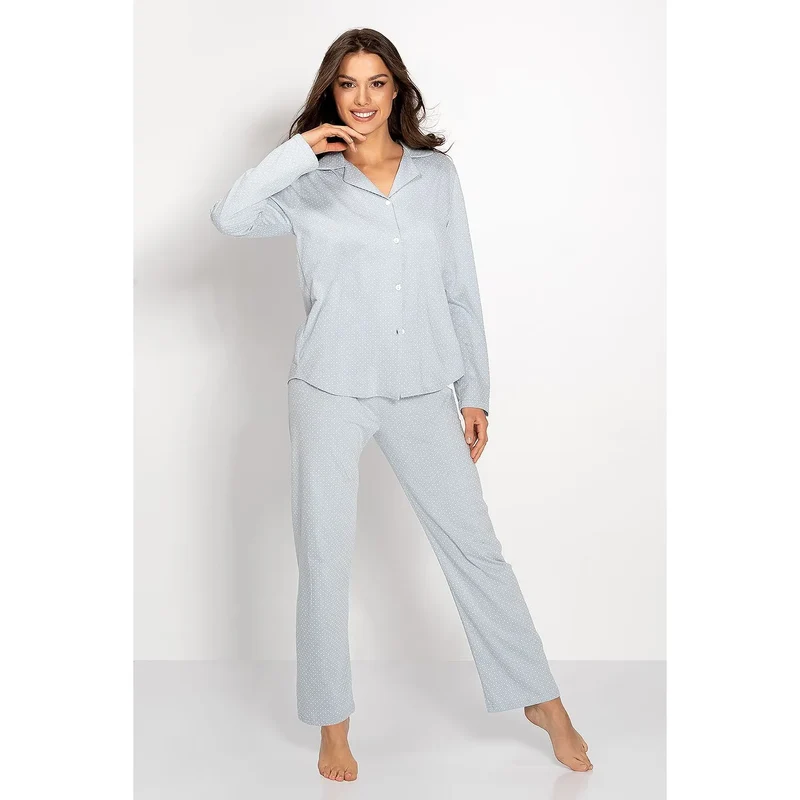 pyjama femme coton doux confortable allaitement manches longues pantalon droit coupe ample boutons col revers bleu pâle motif discret polonaise