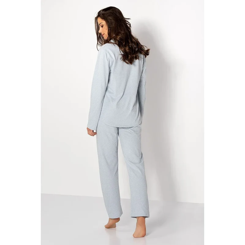 pyjama femme coton doux confortable allaitement manches longues pantalon droit coupe ample boutons col revers bleu pâle motif discret polonaise