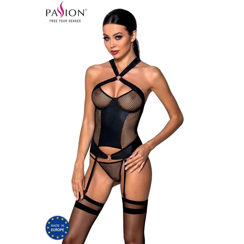 Corset Amanda cuir écologique maille sensuelle bretelles réglables détails dorés bonnets armatures maintien confortable doux raffiné durable séduisant