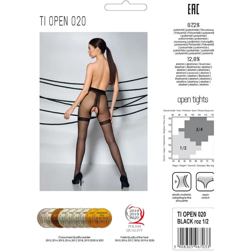 bas élégants ouverture cuisses noir moderne femme luxe 20DEN fins résistants confortables silhouette ajustement sophistiqué fabrication européenne hypoallergénique durable glamour