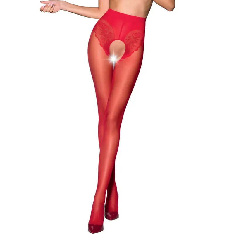 Bas élégants audacieux femme moderne coupe inhabituelle culotte décorative rouge trente deniers transparents confortables extensibles hypoallergéniques polyamide élasthanne