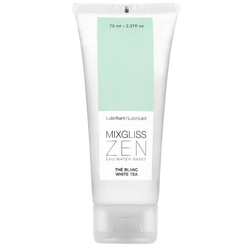 Lubrifiant intime Mixgliss Zen à base d'eau parfum thé blanc 70ml tube transparent facile à utiliser compatible préservatifs bien-être intime sextoy