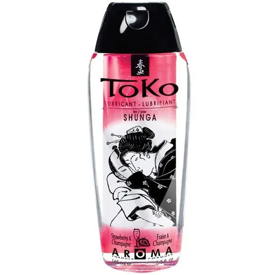Lubrifiant aromatisé Shunga TOKO Fraise Champagne hydrosoluble non toxique ultra soyeux volume 165ml rose goût agréable ingestible ergonomique bouchon discret
