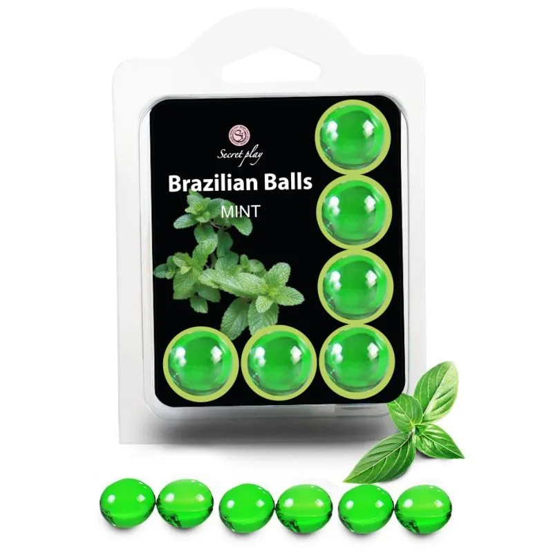 ensemble six balles brésiliennes menthe sensorielles dissolubles lubrifiantes translucides vertes lisses douces emballage compact crochet rangement discret