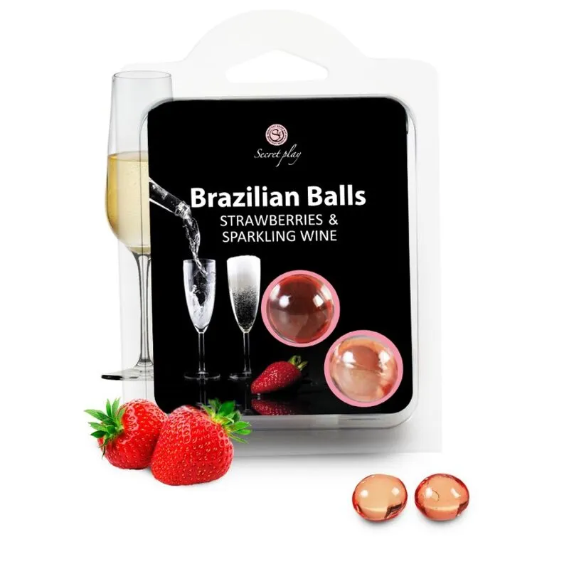 Boules érogènes parfumées fraise champagne Secretplay Brazilian Balls gelatin dissoluble massage intime stimulation sensuelle couple