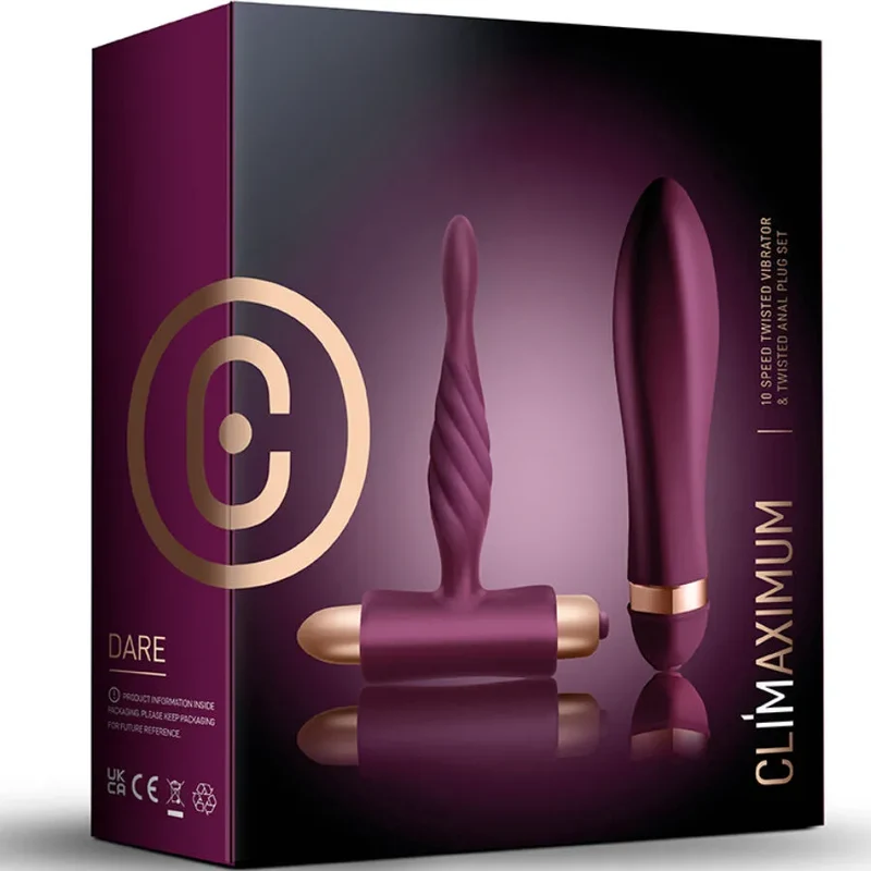 Kit Dare Climaximum Vibrateur Torsadé Plug Anal Débutant Silicone Hypoallergénique Étanche IPX7 10 Vitesses Hélicoïdale Violet Doré Ergonomique