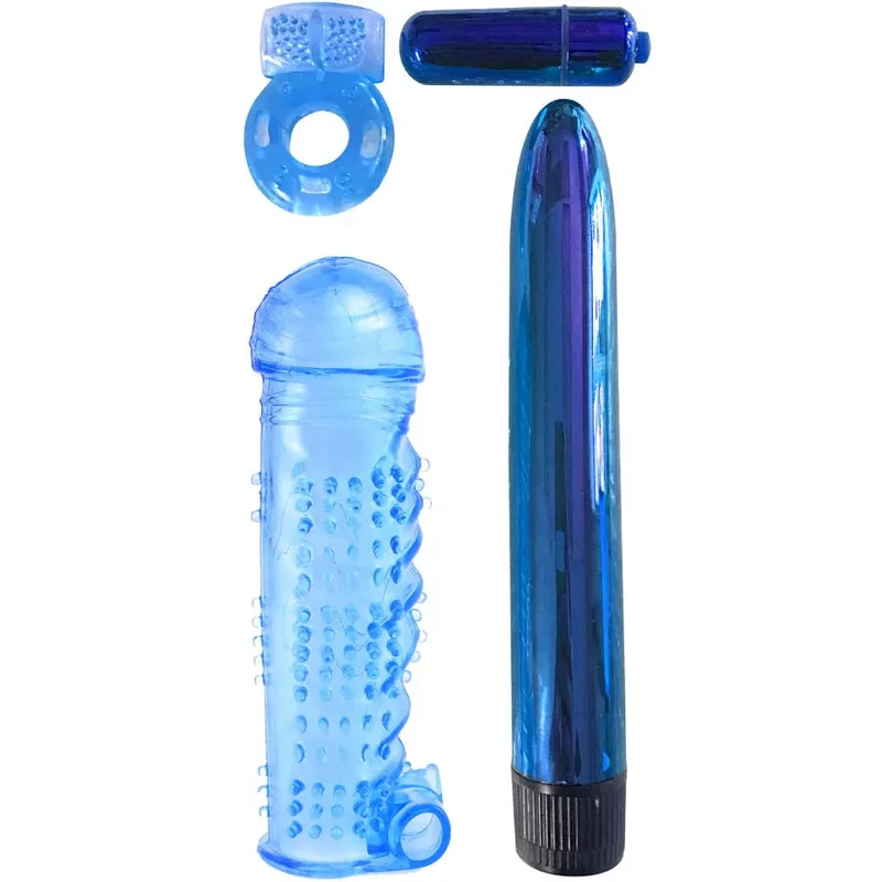 Kit plaisir ultime couples stimulation vibrante silicone bleu vibromasseur cylindrique lisse embout extensible texturé perlé anneau mini compact discret hypoallergénique