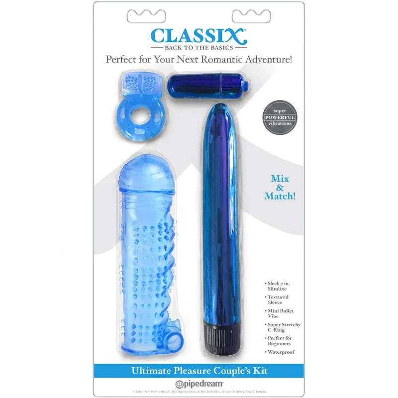 Kit plaisir ultime couples stimulation vibrante silicone bleu vibromasseur cylindrique lisse embout extensible texturé perlé anneau mini compact discret hypoallergénique