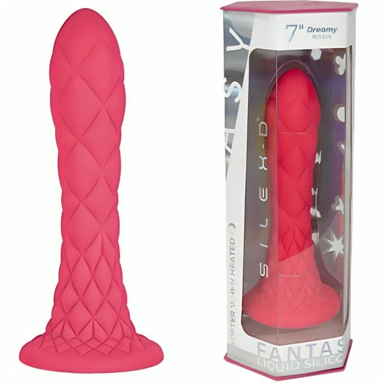 Sextoy silicone thermoreactif Dreamy Dildo Fantasy Silex D, 18,5 cm, fuchsia, base évasée, texture losange, matériau hypoallergénique, sextoys pour femme couple