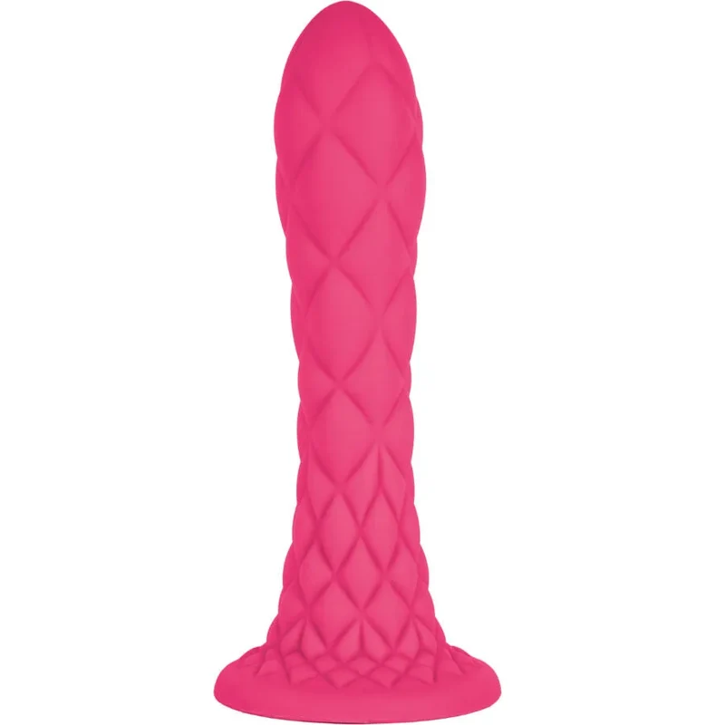 Sextoy silicone thermoreactif Dreamy Dildo Fantasy Silex D, 18,5 cm, fuchsia, base évasée, texture losange, matériau hypoallergénique, sextoys pour femme couple