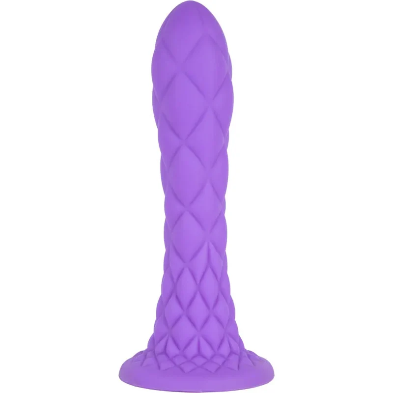 Gode Silicone Thermoréactif Violet 18centimètres Texture Losanges Pointe Effilée Base Évasée Compatible Harnais Non Vibrant Hypoallergénique Toucher Soyeux