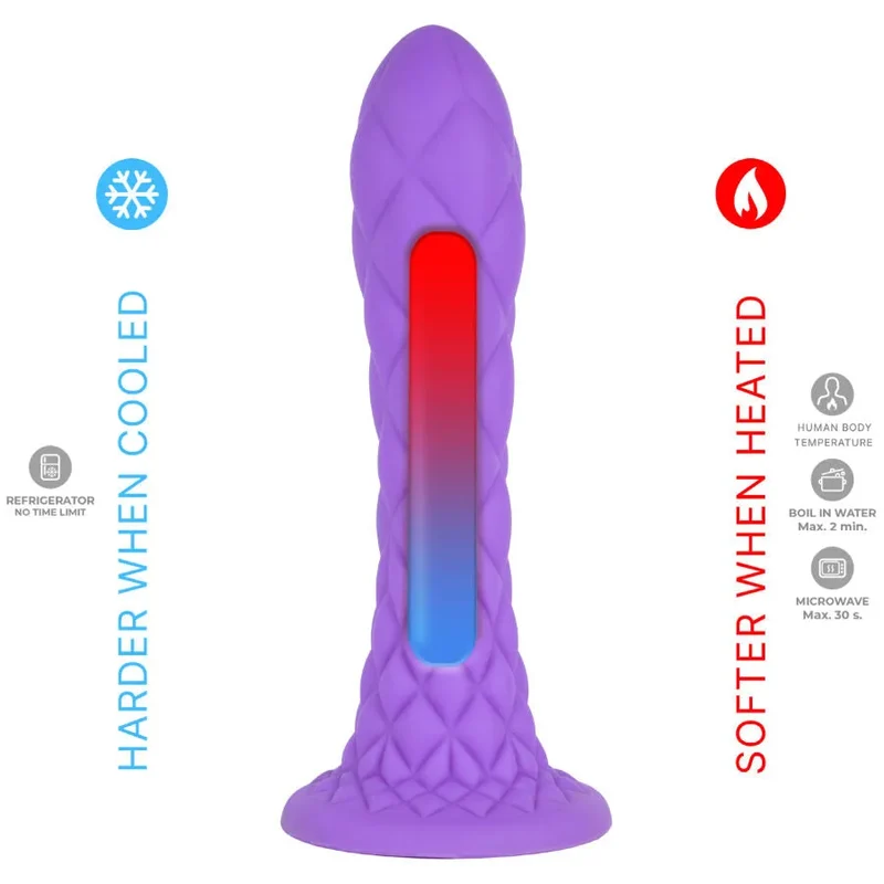 Gode Silicone Thermoréactif Violet 18centimètres Texture Losanges Pointe Effilée Base Évasée Compatible Harnais Non Vibrant Hypoallergénique Toucher Soyeux