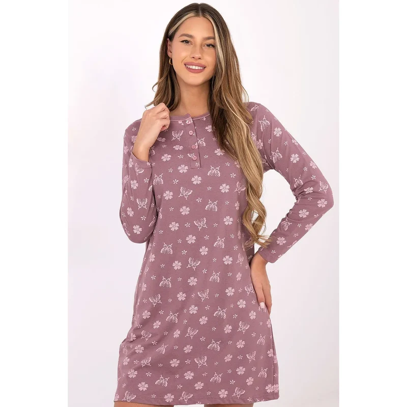 chemise nuit féminine coton respirant doux manches longues col rond boutons fleurs papillons romantique courte confortable naturelle estivale