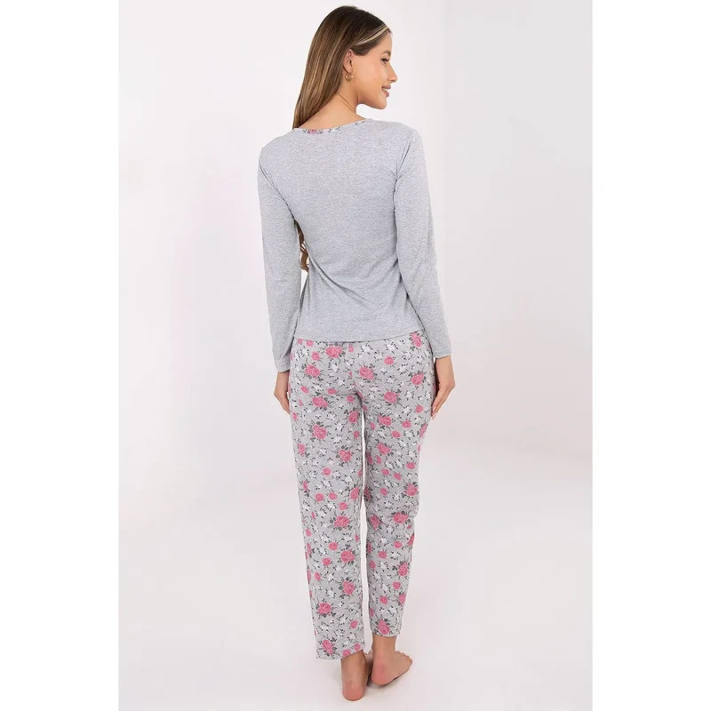Pyjama femme coton manches longues col rond patte décorative trois boutons fleur imprimée pantalon jambe droite motif floral confortable élégant