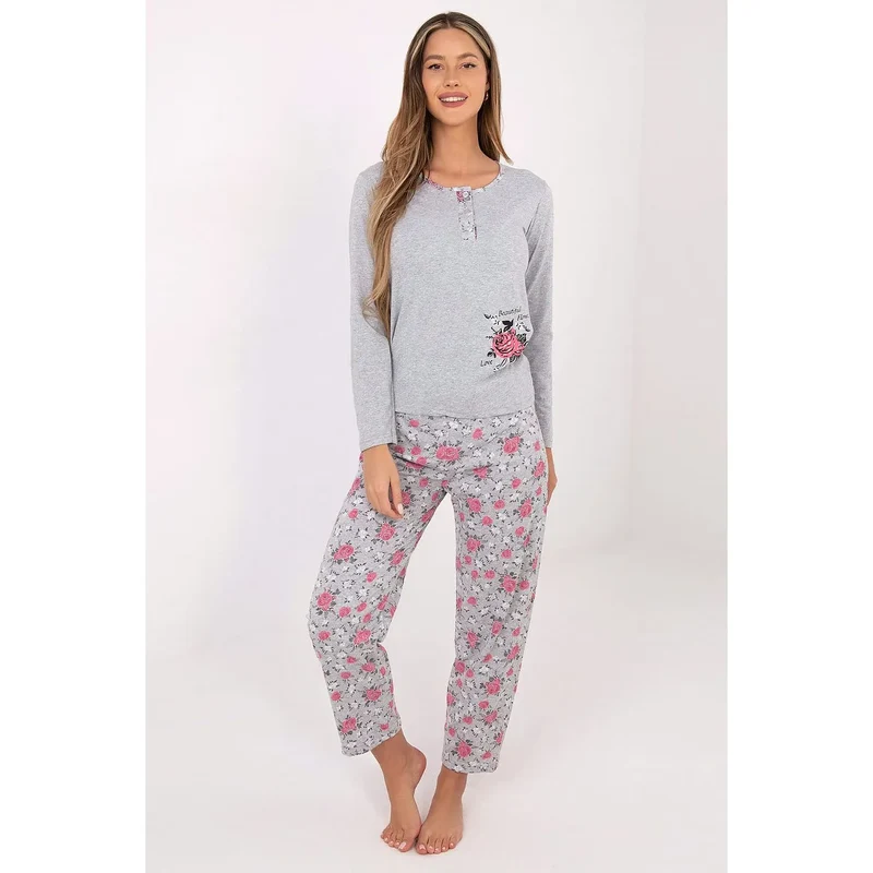 Pyjama femme coton manches longues col rond patte décorative trois boutons fleur imprimée pantalon jambe droite motif floral confortable élégant