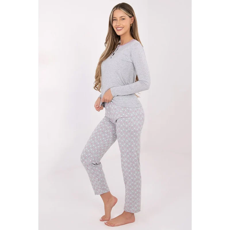 Pyjama femme coton 100pourcent doux confortable manches longues pantalon long jambes droites col rond boutons décoratifs imprimé floral rose