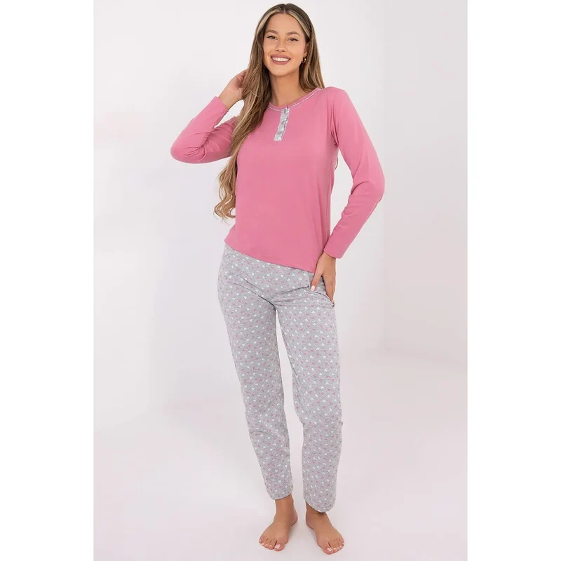 pyjama femme coton doux confortable manches longues col rond boutons décoratifs pantalon jambes droites imprimé dominant féminin sommeil