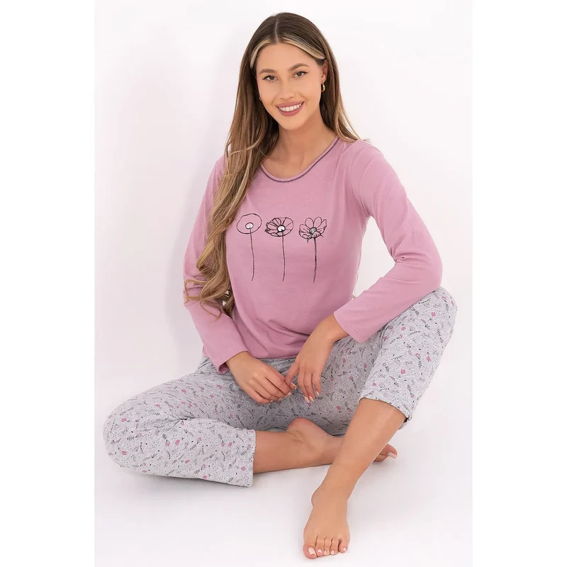 pyjama femme coton doux respirant confortable élégant manches longues pantalon jambes droites impression subtile motif imprimé dominant féminin classique léger