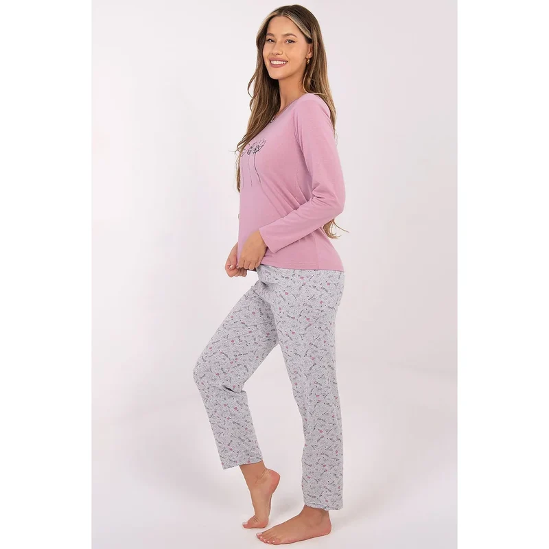 pyjama femme coton doux respirant confortable élégant manches longues pantalon jambes droites impression subtile motif imprimé dominant féminin classique léger