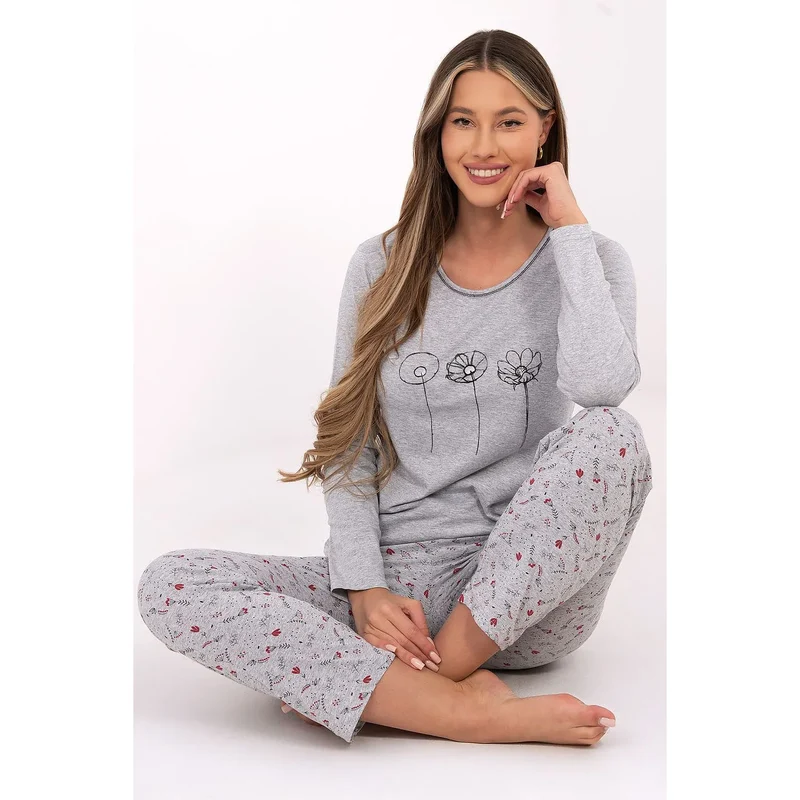pyjama femme coton doux respirant confortable élégante manches longues pantalon jambes droites imprimé subtil féminin délicat sans poches léger quotidien