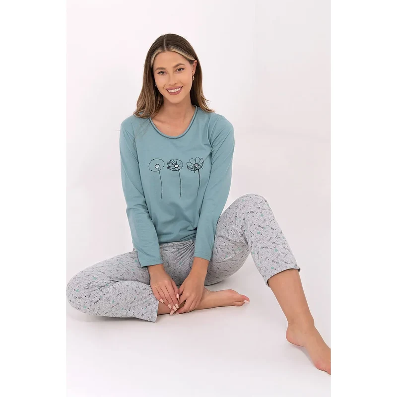 pyjama femme confortable élégant coton doux respirant manches longues pantalon jambes droites imprimé subtil motif dominant féminin délicat léger
