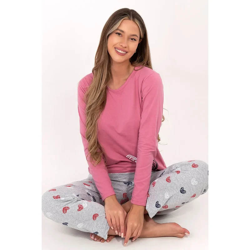 Pyjama deux pièces femme coton doux respirant manches longues col rond imprimé cœurs pantalon long élégant féminin