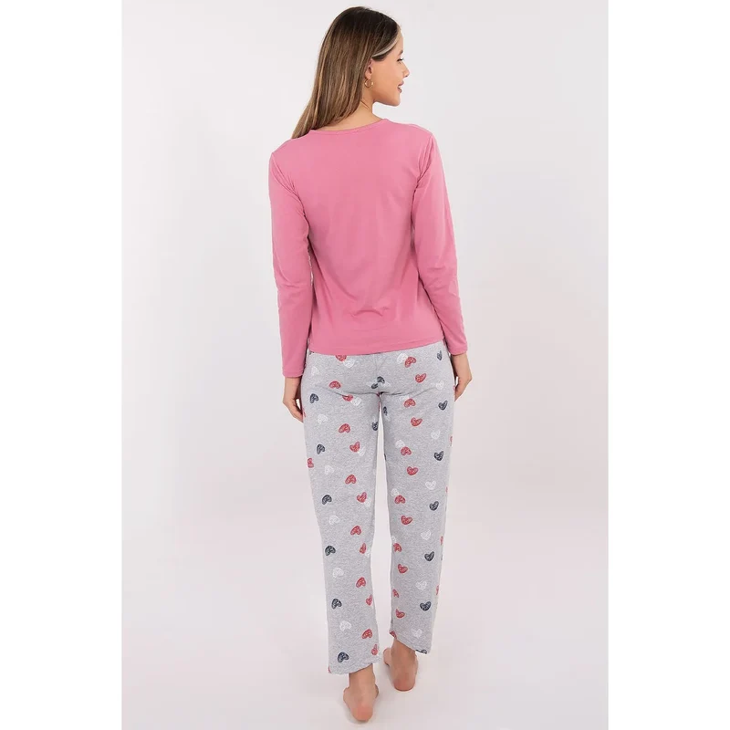 Pyjama deux pièces femme coton doux respirant manches longues col rond imprimé cœurs pantalon long élégant féminin