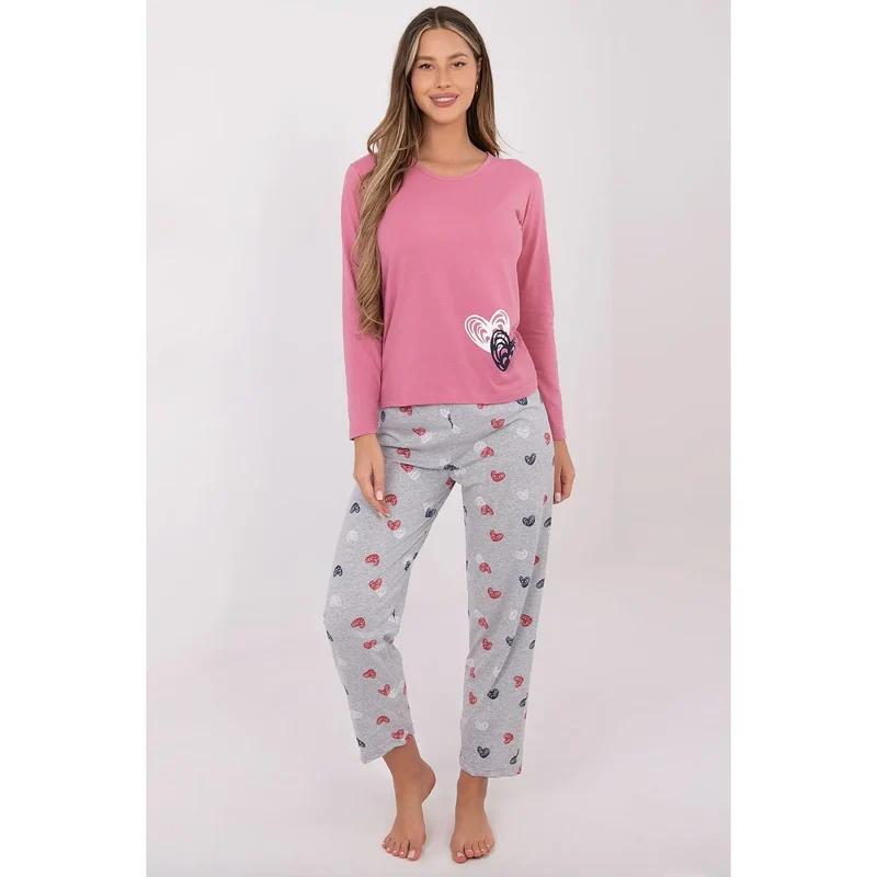 Pyjama deux pièces femme coton doux respirant manches longues col rond imprimé cœurs pantalon long élégant féminin