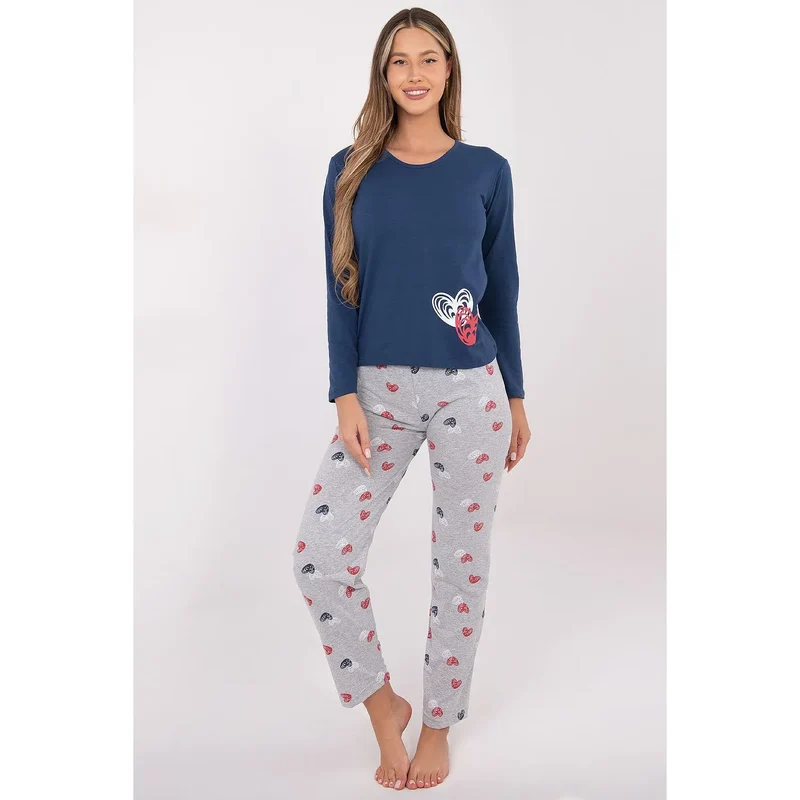 pyjama femme deux pièces coton doux respirant confortable manches longues col rond imprimé cœurs motif répétitif ensemble féminin élégant cadeau