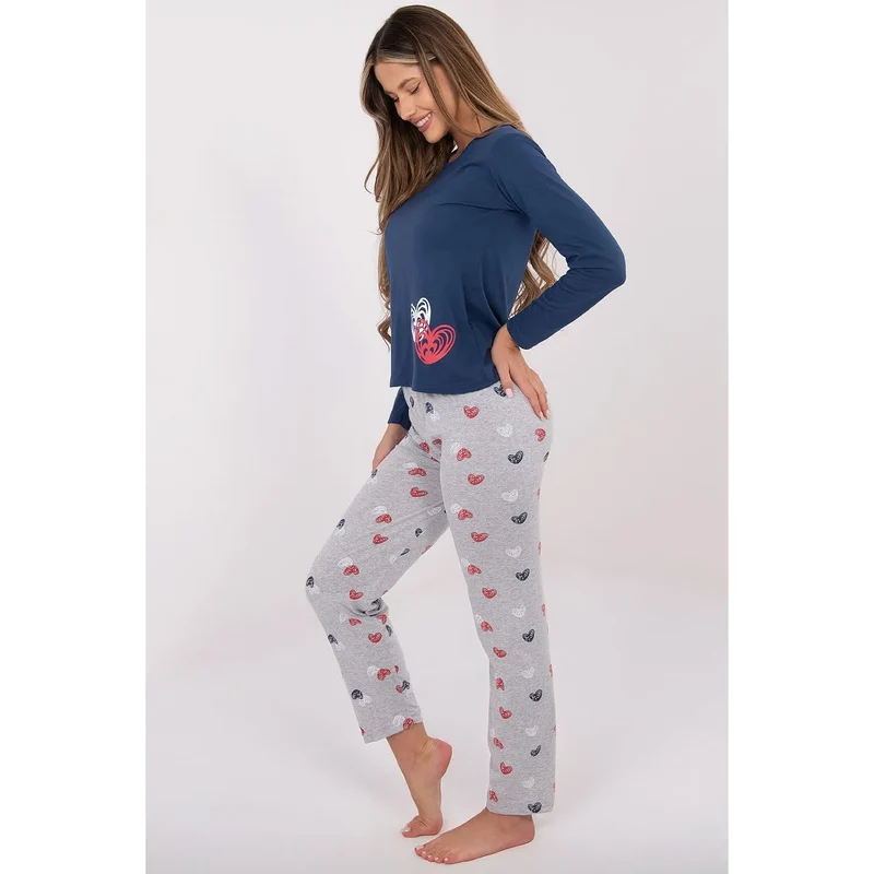 pyjama femme deux pièces coton doux respirant confortable manches longues col rond imprimé cœurs motif répétitif ensemble féminin élégant cadeau