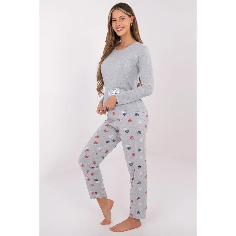 pyjama femme deux pièces cotonpur doux respirant mancheslongues colrond haut pantalonlong motifcoeursrépétés sansfermeture pratique élégant féminin cadeau quotidien confortable