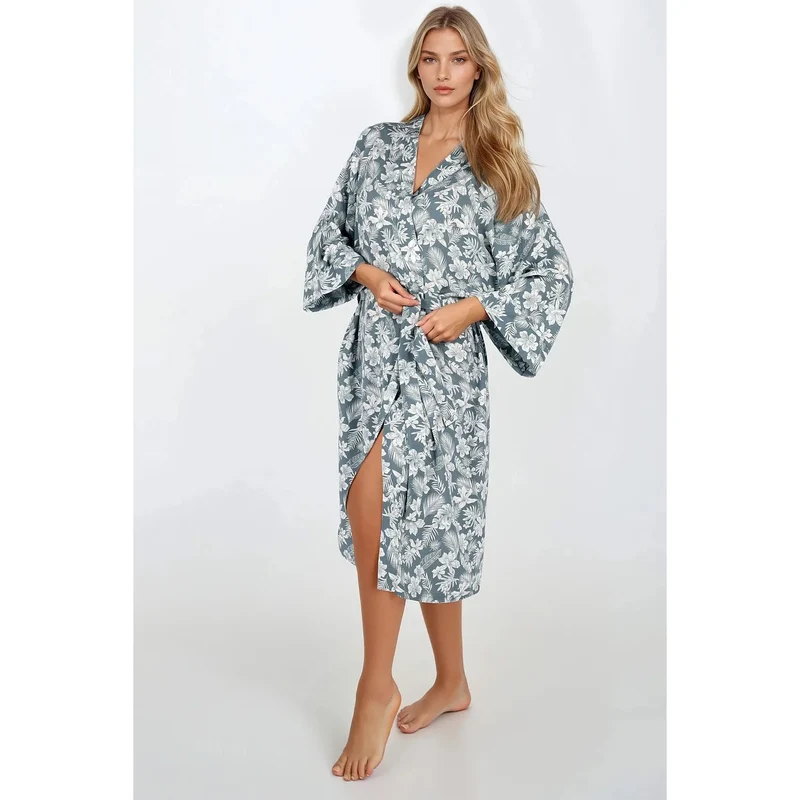 peignoir femme viscose doux léger toucher agréable coupe ample manches larges ceinture ajustable poches latérales imprimé subtil polonaise