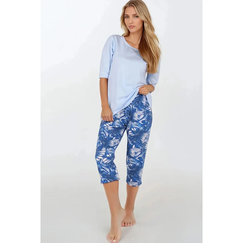 pyjama femme confortable doux léger tricot coton viscose élasthanne certifié oekotex chemisier décolleté arrondi manches troisquarts pantalon jambe droite