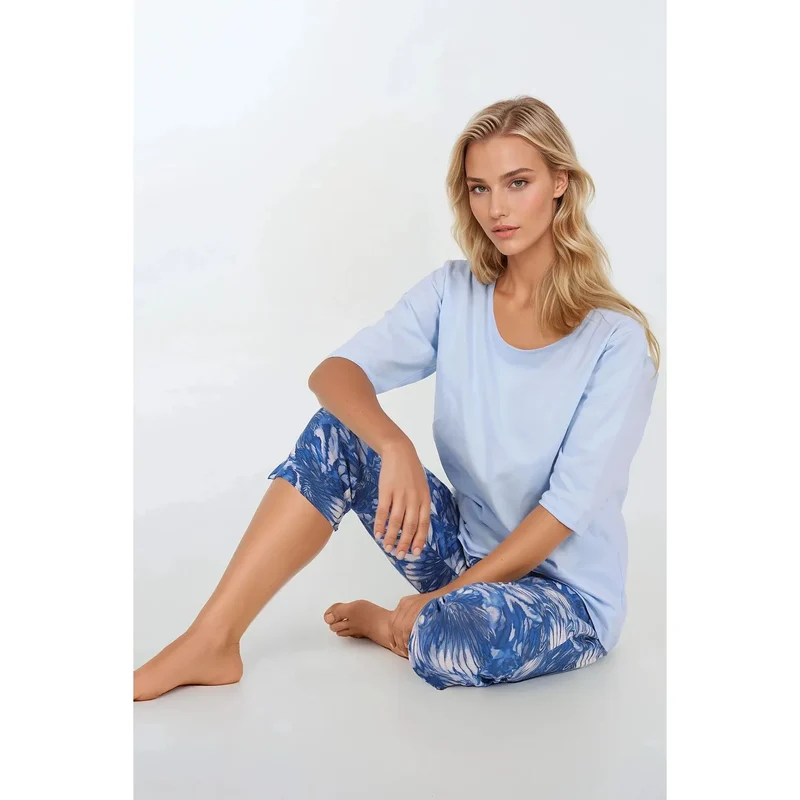 pyjama femme confortable doux léger tricot coton viscose élasthanne certifié oekotex chemisier décolleté arrondi manches troisquarts pantalon jambe droite