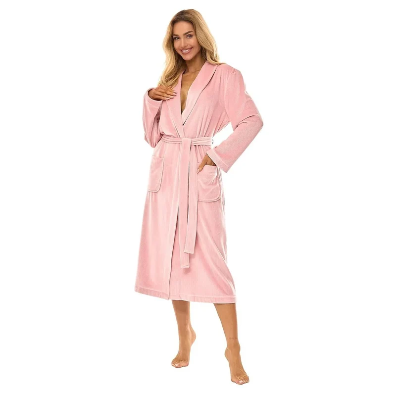 Peignoir féminin élégant confortable ample côtelé chaud stylé poches ceinturée sac plastique cadeau idéal polyester doux tailles variées