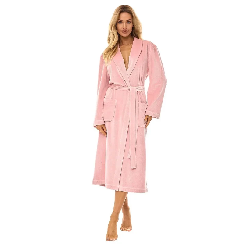 Peignoir féminin élégant confortable ample côtelé chaud stylé poches ceinturée sac plastique cadeau idéal polyester doux tailles variées