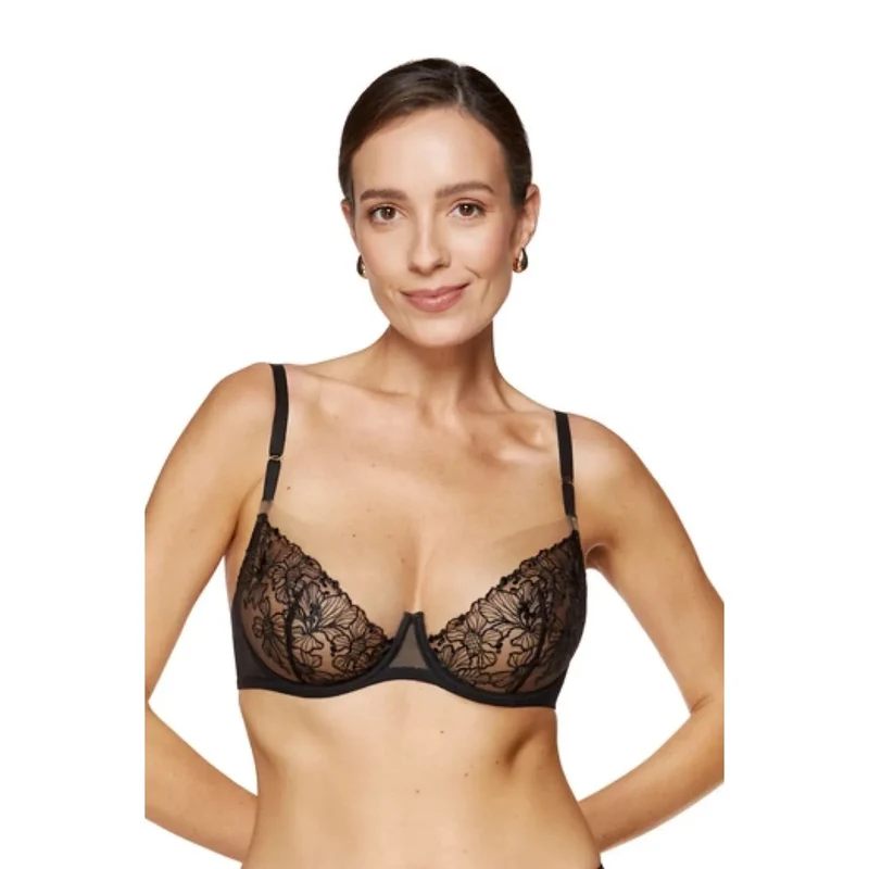 soutien gorge souple féminin élégant dentelle brillante tulle bonnets partiellement transparents bretelles ornées dorées réglables baleines verticales latérales stabilisantes polonaise