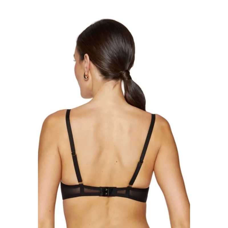 soutien gorge souple féminin élégant dentelle brillante tulle bonnets partiellement transparents bretelles ornées dorées réglables baleines verticales latérales stabilisantes polonaise
