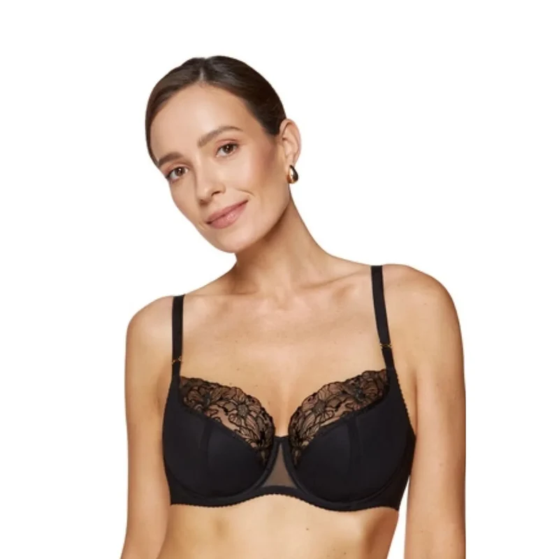soutiengorge demiarmature broderie florale mousse fine corseterie bordée tulle doublée coton OEKOTEX détails dorés baleines verticales maintien dos transparent polonais