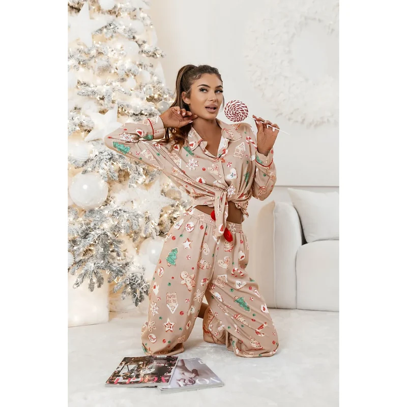 pyjama femme TALLY biscuits multicolore viscose élasthanne doux léger extensible confortable coupe élégante taille élastique manches longues haut classique