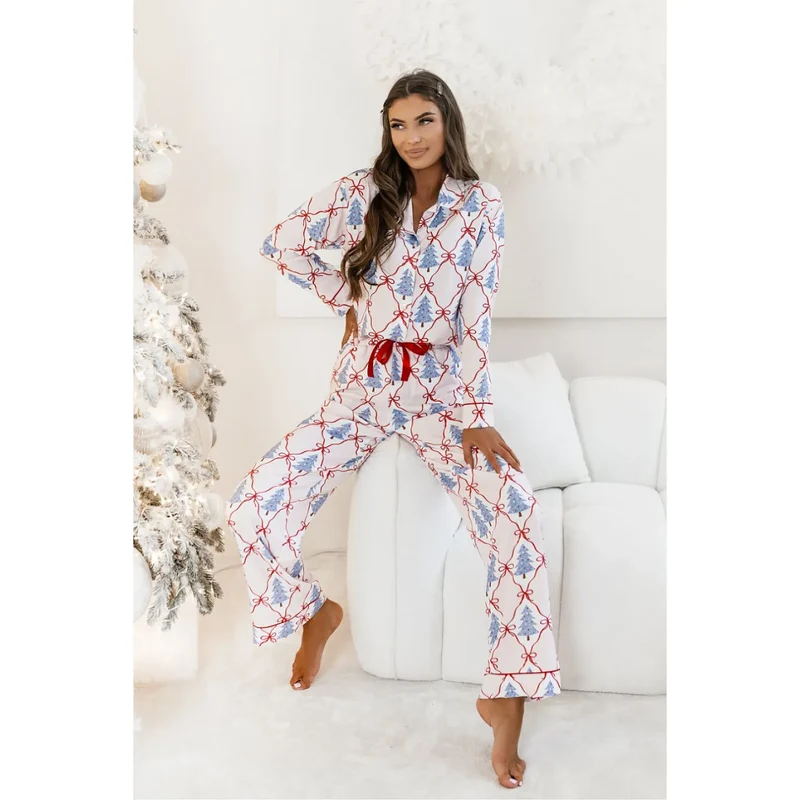 pyjama ensemble femme Noël motif sapin viscose élasthanne extensible doux soyeux élégant décolleté atypique coupe ajustable tailles variées
