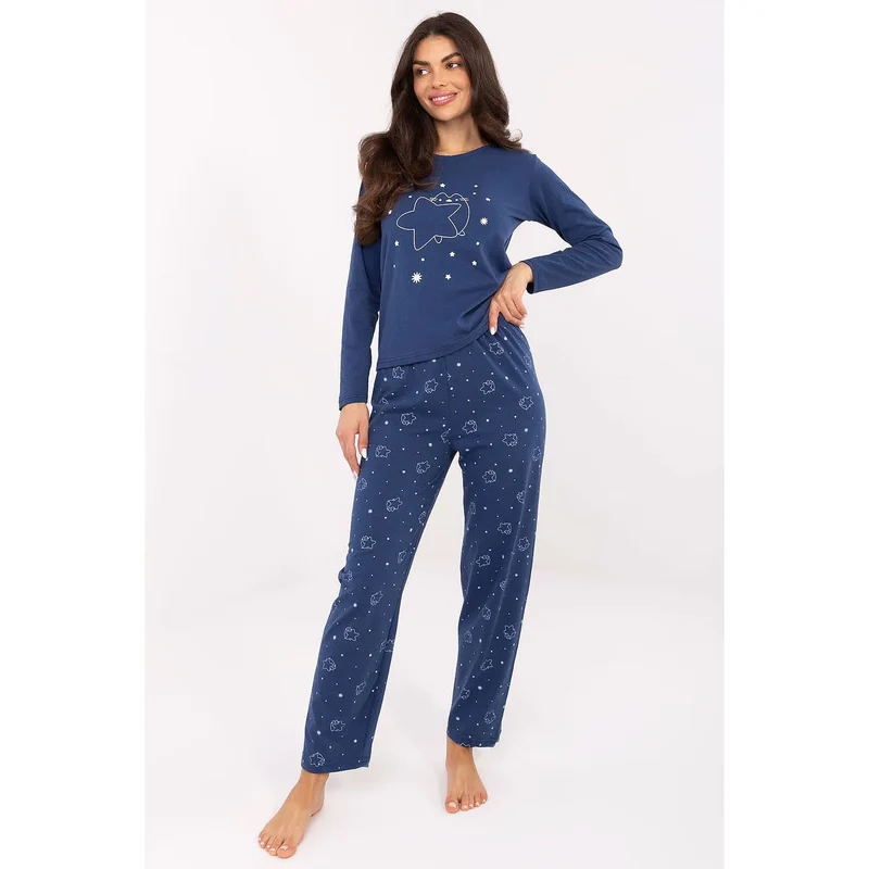 pyjama femme coton doux confortable haut manches longues col rond pantalon long coupe droite jambes motif étoiles élégant sommeil paisible